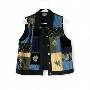 VTG Stonebridge Patchwork Embroidered Leaf Button Front Vest Black Blue 16N33